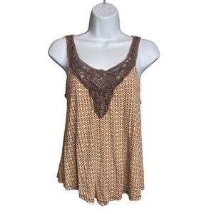 VTG Y2K Blue Steel Brown Print Lace Tank Top S Embroidered Boho Flowy Fairycore